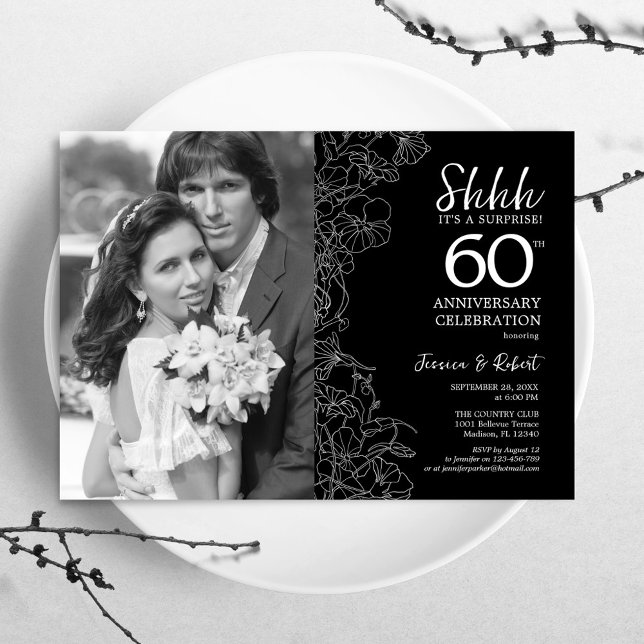 Invitation Surprise 60e anniversaire avec photo noir blanc (Créateur téléchargé)