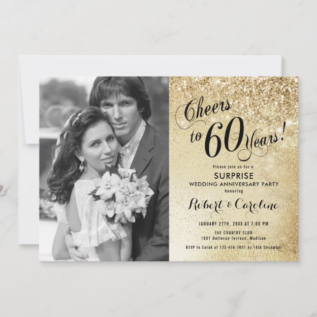 Invitation Surprise 60e anniversaire avec photo - Or (Devant)