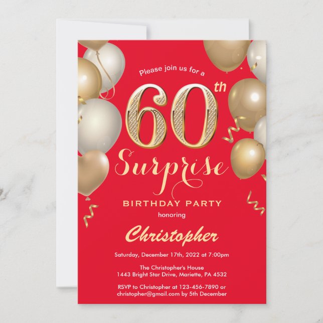 Invitation Surprise 60e anniversaire Ballons rouge et or (Devant)