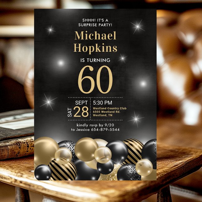 Invitation Surprise 60e anniversaire Black Gold Balloons Part (Créateur téléchargé)
