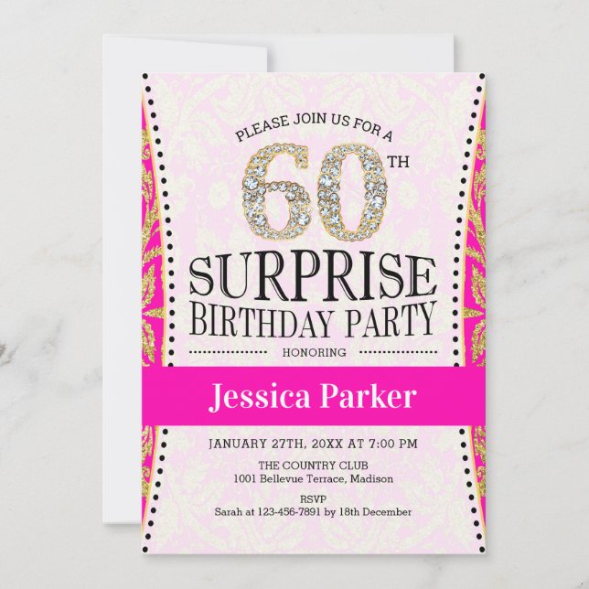 Invitation Surprise 60e anniversaire - Blanc Or rose (Devant)