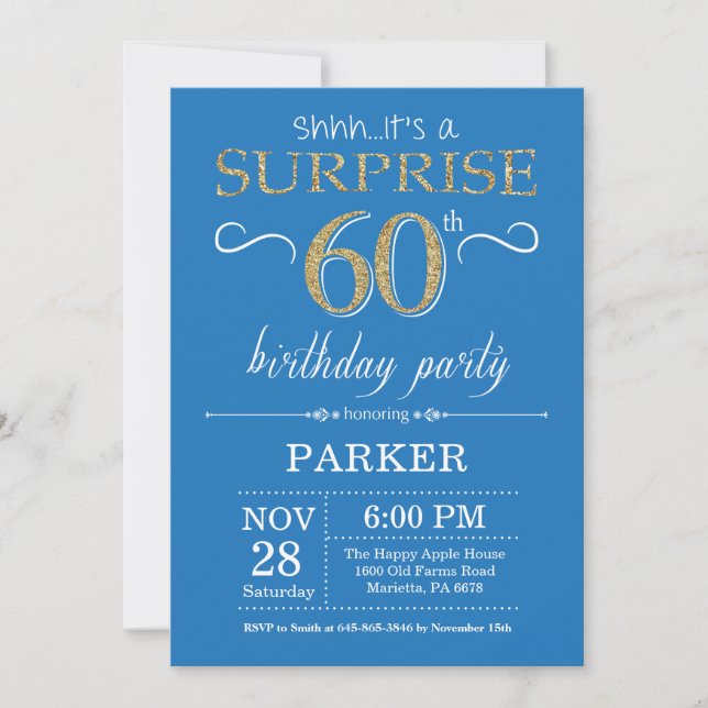 Invitation surprise 60e anniversaire Bleu et or (Devant)