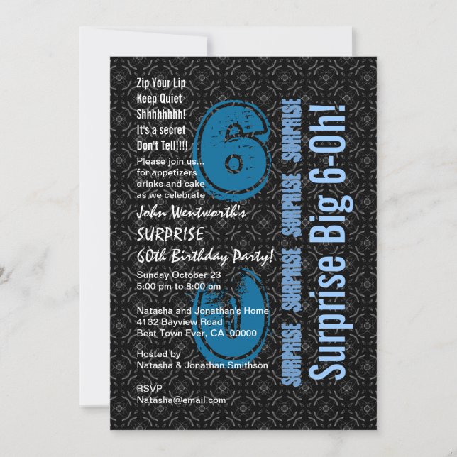 Invitation SURPRISE 60e anniversaire Bleu noir et blanc W1754 (Devant)