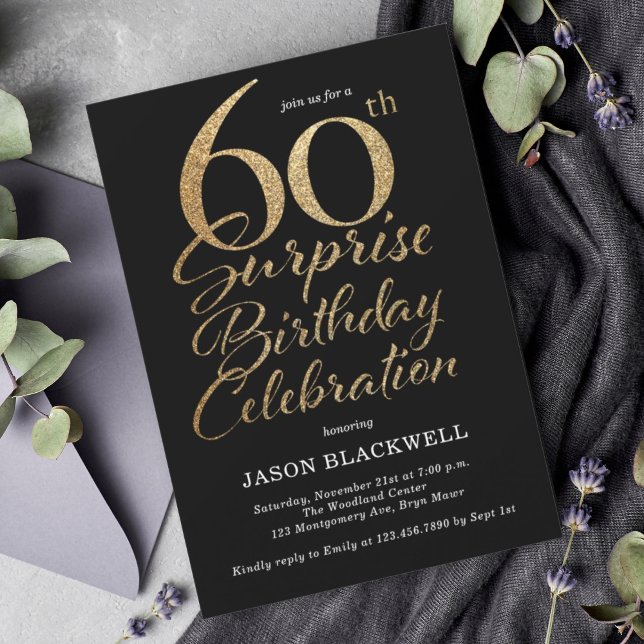 Invitation Surprise 60e anniversaire Célébration Black & Gold (Créateur téléchargé)