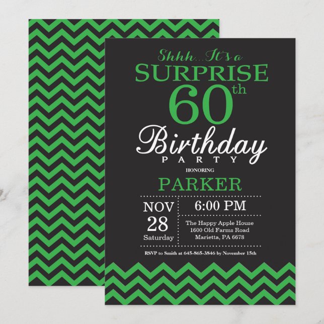 Invitation Surprise 60e anniversaire Chevron noir et vert (Devant / Derrière)
