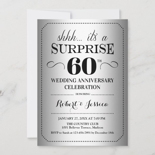 Invitation Surprise 60e anniversaire de mariage - Noir Argent (Devant)