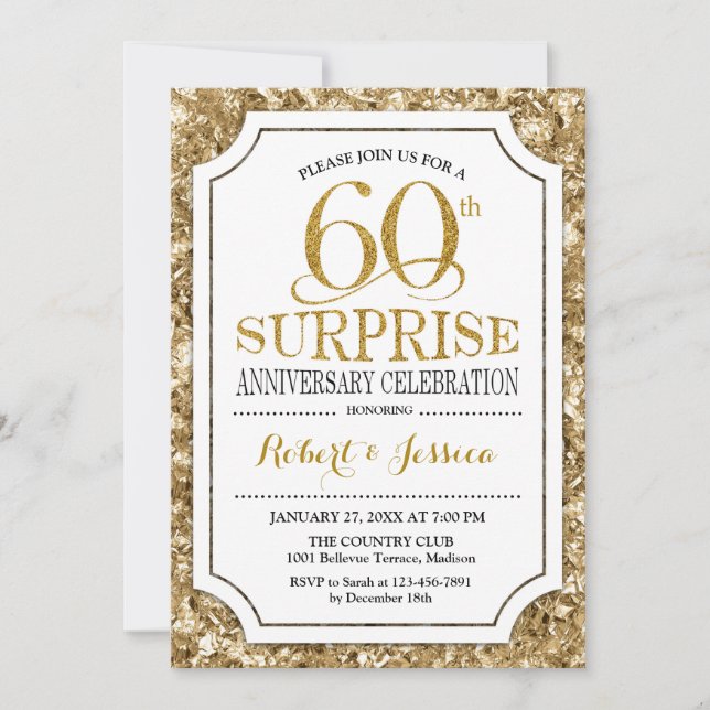 Invitation Surprise 60e anniversaire de mariage - Or blanc (Devant)