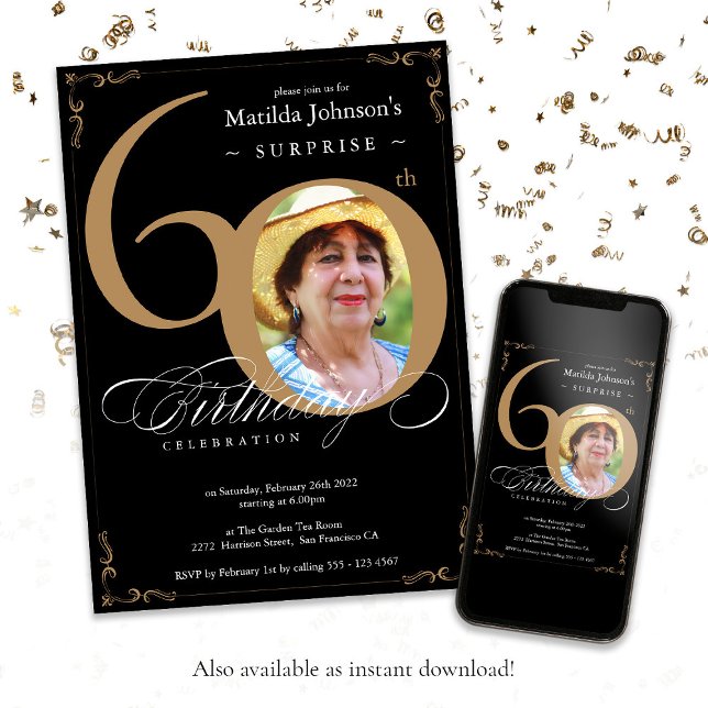 Invitation Surprise 60e anniversaire Elegant Black Gold Photo (Surprise 60th Birthday Elegant Black Gold Photo Invitation)