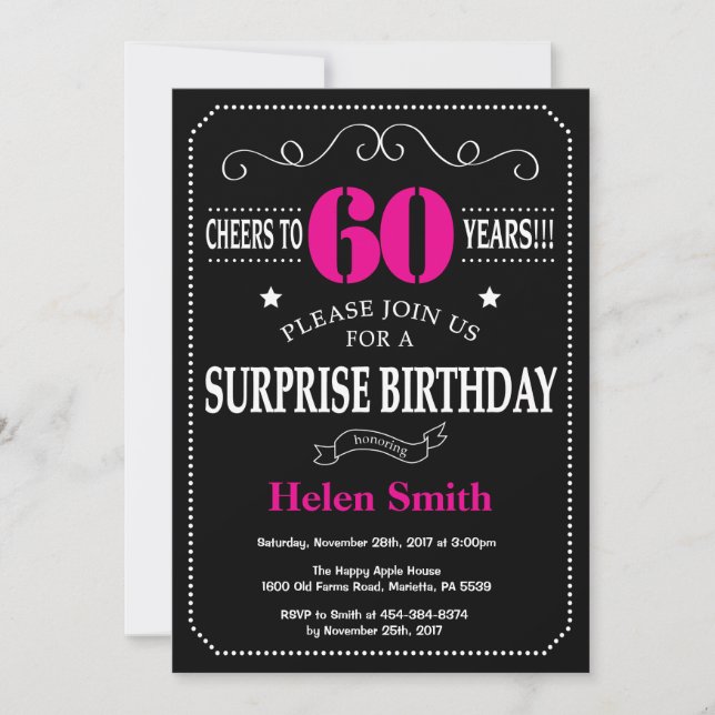 Invitation Surprise 60e anniversaire Hot rose et noir (Devant)