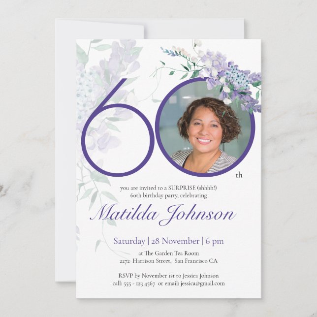 Invitation Surprise 60e anniversaire Personnalisé Photo Flora (Devant)