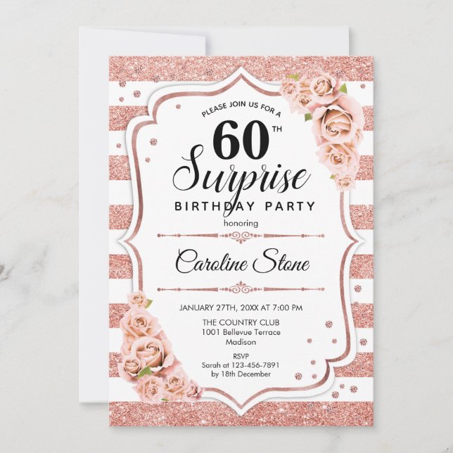 Invitation Surprise 60e anniversaire - Rose Gold White Rose (Devant)