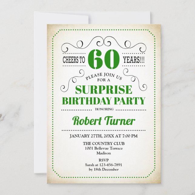 Invitation Surprise 60e anniversaire - Vert Blanc Noir (Devant)