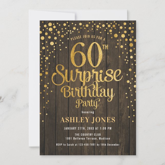 Invitation Surprise 60e fête d'anniversaire - Bois & Or (Devant)