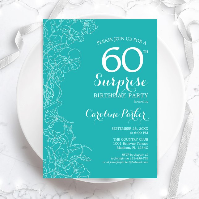 Invitation Surprise 60e fête d'anniversaire - Floral Turquois (Créateur téléchargé)