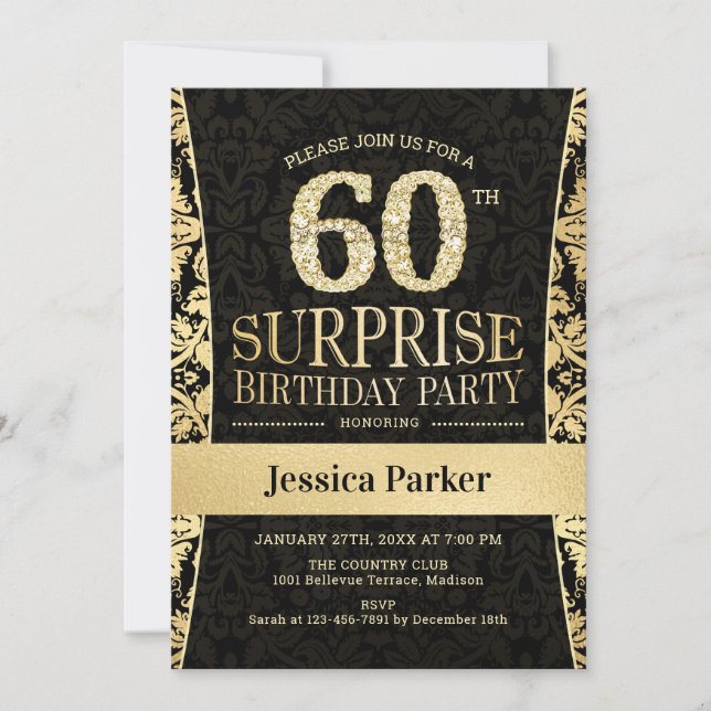Invitation Surprise 60e fête d'anniversaire - Gold Black (Devant)