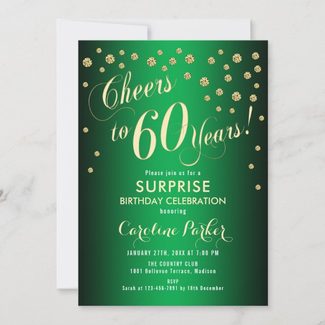 Invitation Surprise 60e fête d'anniversaire - Gold Green (Devant)