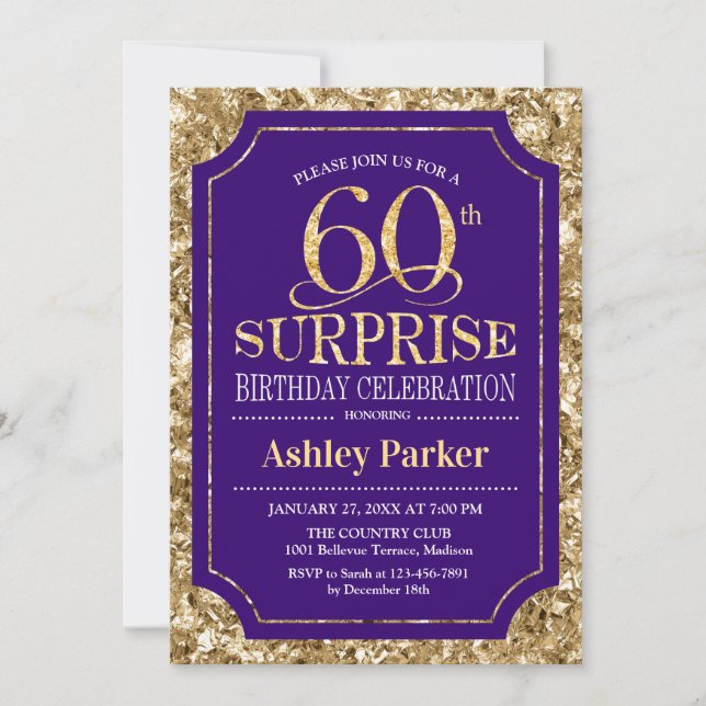 Invitation Surprise 60e fête d'anniversaire - Gold Purple (Devant)