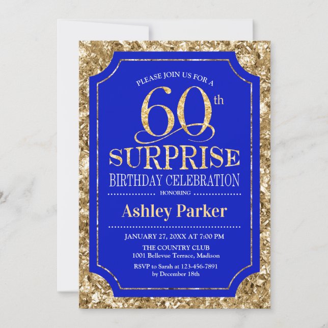 Invitation Surprise 60e fête d'anniversaire - Gold Royal Blue (Devant)