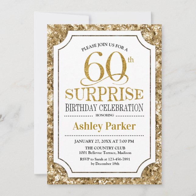 Invitation Surprise 60e fête d'anniversaire - Gold White (Devant)