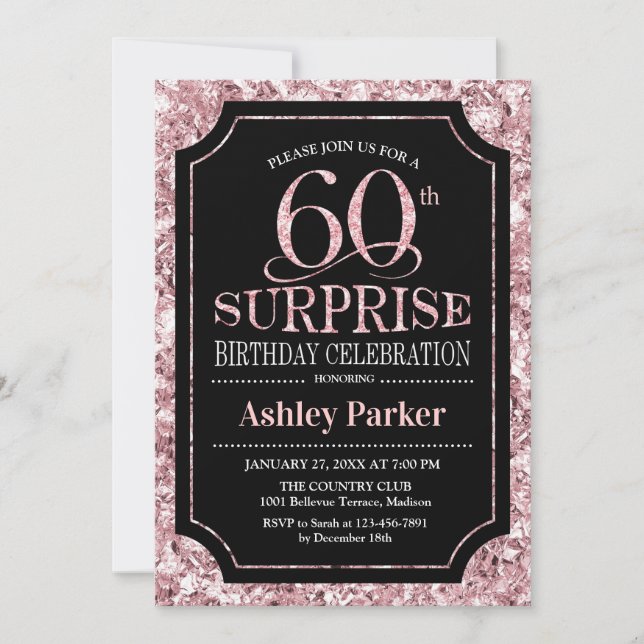 Invitation Surprise 60e fête d'anniversaire - Rose Gold Black (Devant)