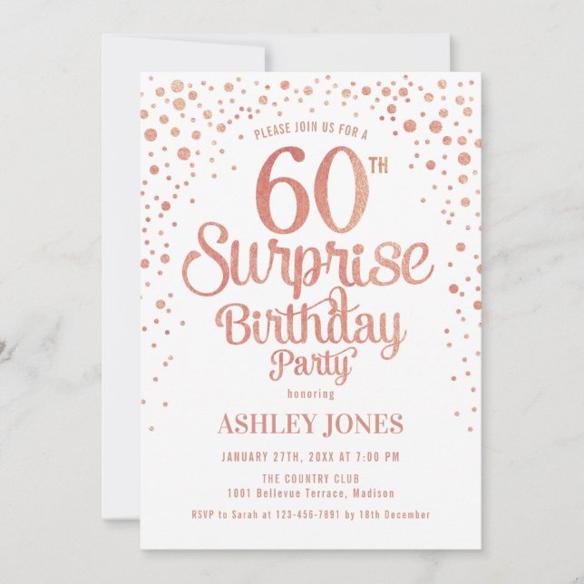 Invitation Surprise 60e fête d'anniversaire - Rose Gold & Whi (Devant)