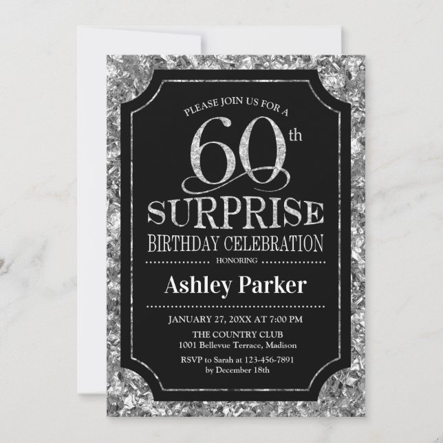 Invitation Surprise 60e fête d'anniversaire - Silver Black (Devant)