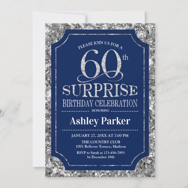 Invitation Surprise 60e fête d'anniversaire - Silver Navy Blu (Devant)