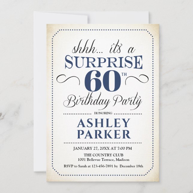 Invitation Surprise 60e fête d'anniversaire - White Navy (Devant)