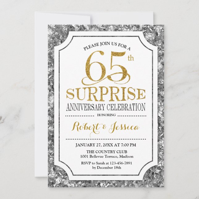 Invitation Surprise 65e anniversaire de mariage - Argent Or (Devant)