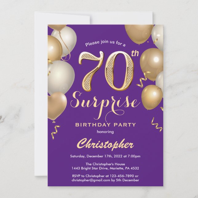 Invitation Surprise 70e anniversaire Ballons violet et or (Devant)