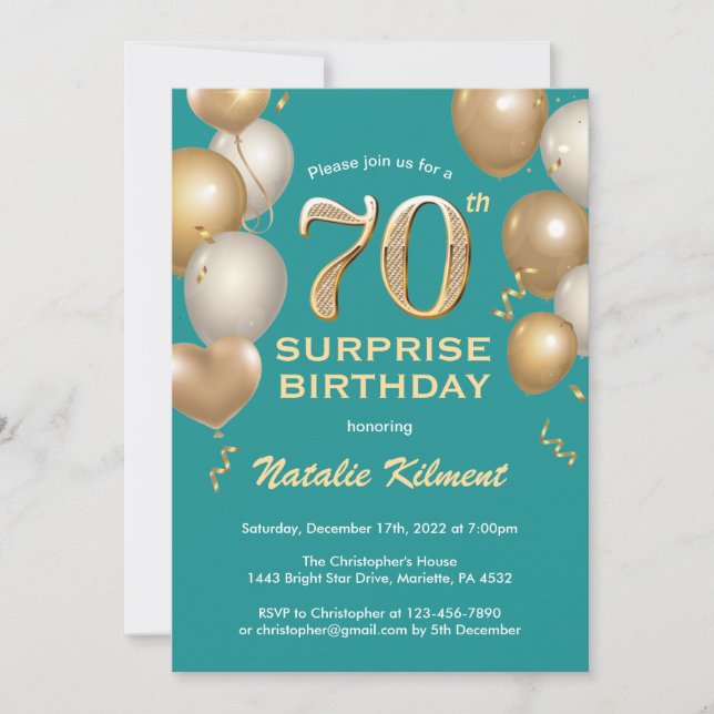 Invitation Surprise 70e anniversaire Balloons Turquoise et or (Devant)
