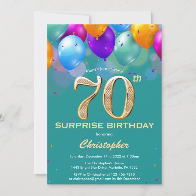 Invitation Surprise 70e anniversaire Balloons Turquoise et or (Devant)