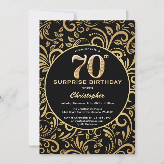 Invitation Surprise 70e anniversaire Black and Gold Floral (Devant)