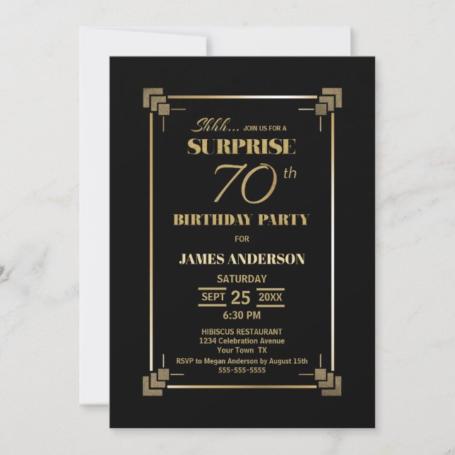Invitation Surprise 70e anniversaire Black and Gold Party (Devant)