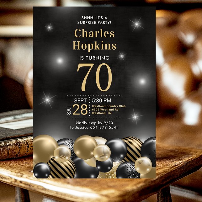 Invitation Surprise 70e anniversaire Black Gold Balloons Part (Créateur téléchargé)
