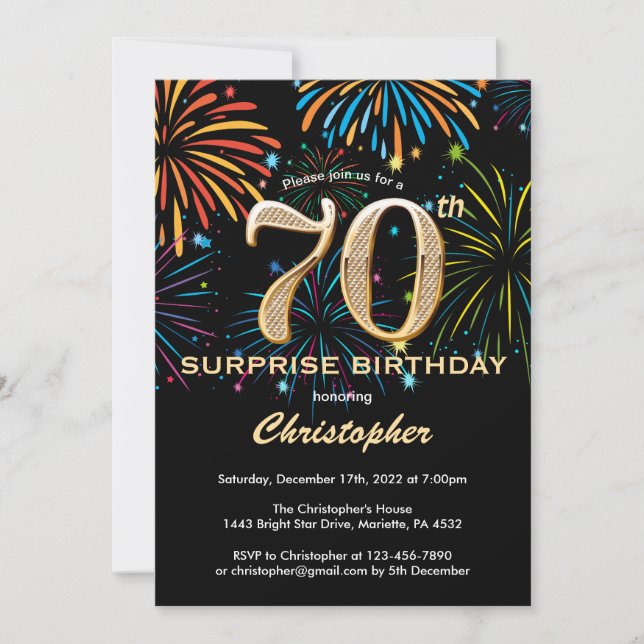 Invitation Surprise 70e anniversaire Black Gold Rainbow Firew (Devant)