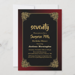 Invitation Surprise 70e anniversaire Dîner Black Red Gold