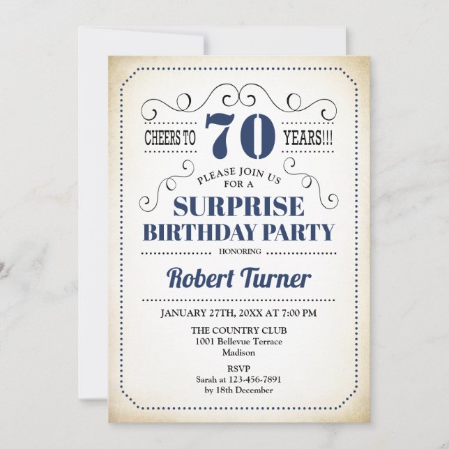 Invitation Surprise 70e anniversaire - Marine bleu blanc noir (Devant)