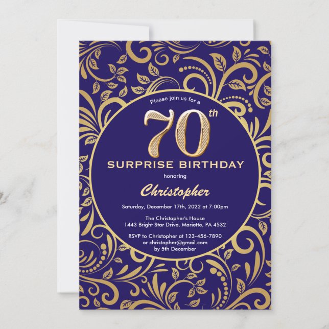 Invitation Surprise 70e anniversaire Marine bleu et or floral (Devant)