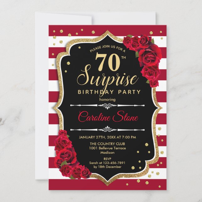 Invitation Surprise 70e anniversaire - Noir Blanc Rouge (Devant)