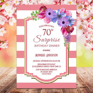 Invitation Surprise 70e anniversaire rose rayé violet fleuri