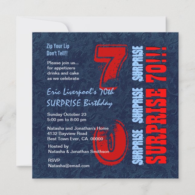Invitation SURPRISE 70e anniversaire Rouge Blanc Bleu C653 (Devant)