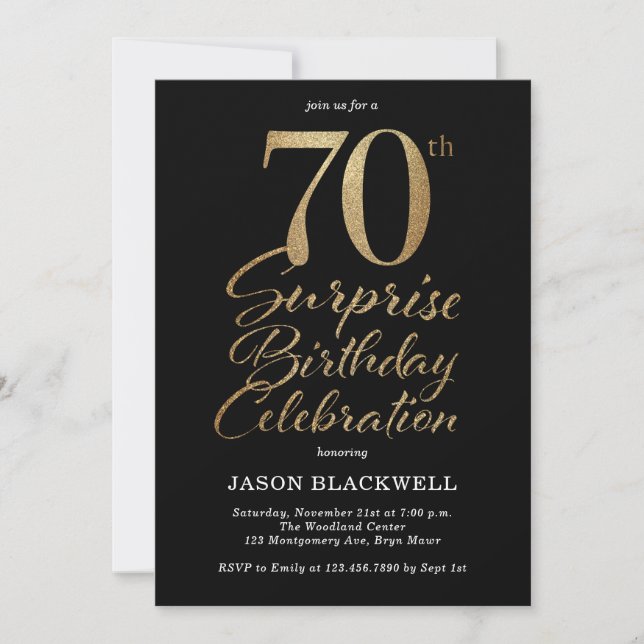 Invitation Surprise 70e fête d'anniversaire Black & Gold (Devant)