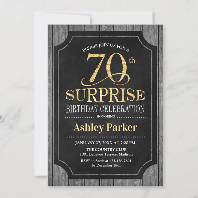 Invitation Surprise 70e fête d'anniversaire - Chalkboard Gold (Devant)