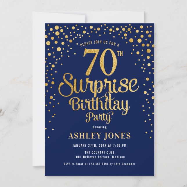 Invitation Surprise 70e fête d'anniversaire - Marine & Gold (Devant)