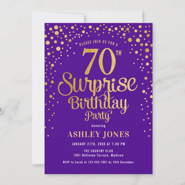 Invitation Surprise 70e fête d'anniversaire - Purple & Gold (Devant)