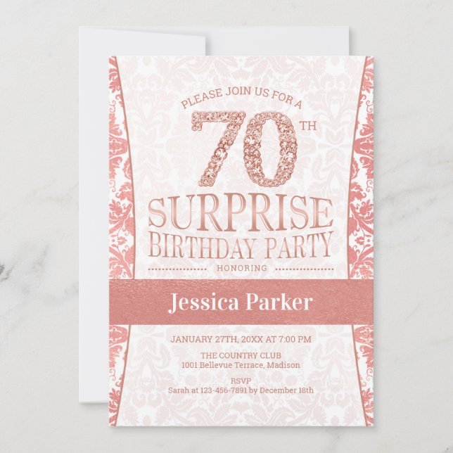 Invitation Surprise 70e fête d'anniversaire - Rose Gold White (Devant)