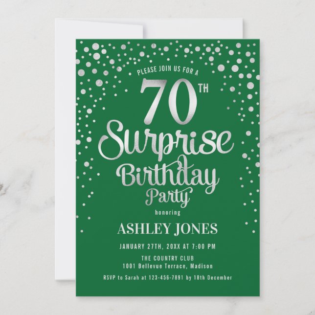 Invitation Surprise 70e fête d'anniversaire - Silver & Green (Devant)