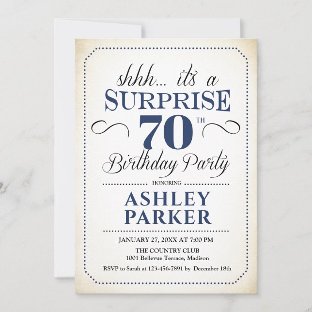 Invitation Surprise 70e fête d'anniversaire - White Navy (Devant)