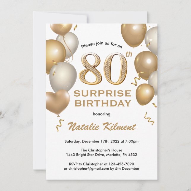 Invitation Surprise 80e anniversaire Ballons blanc et or (Devant)